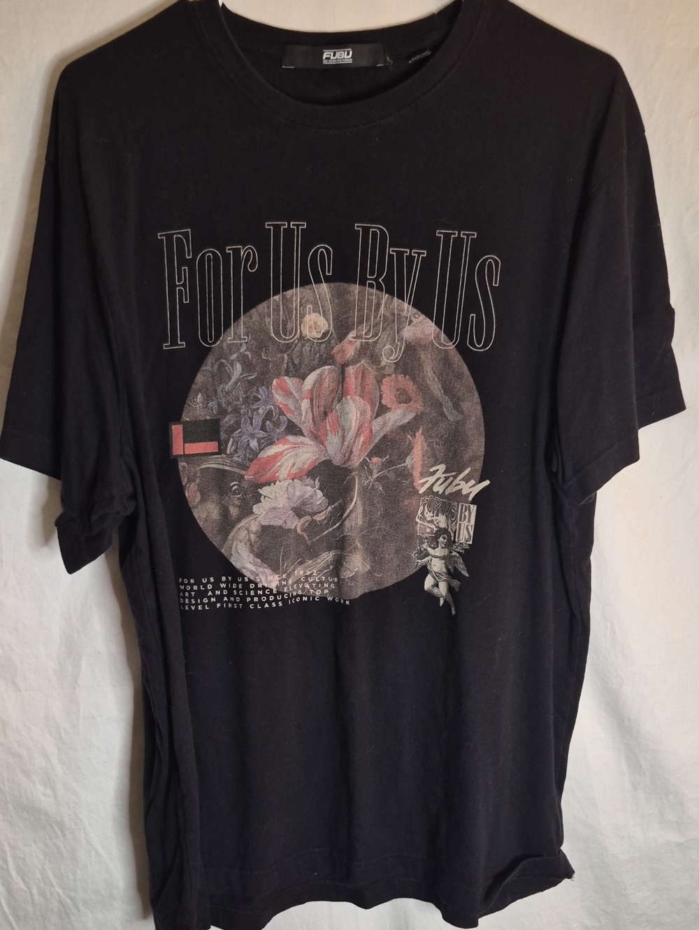 FUBU Black Tee with Floral Circle and Graphic Text